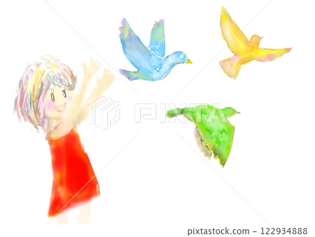 Watercolor bird and girl 122934888
