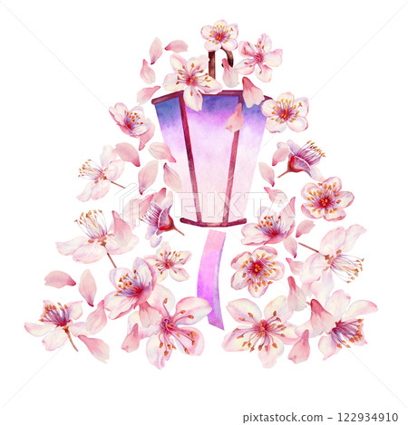 Lantern with sakura flowers on a white background. Spring blooming cherry blossom flowers for Hanami festival. Delicate shades of pink, lilac, purple petals. Watercolor template for card, poster 122934910