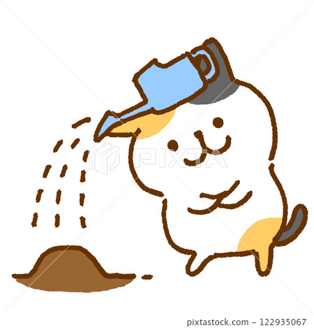 Character illustration of a calico cat watering the soil with a watering can 122935067