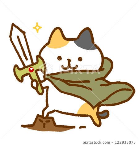 Character illustration of a brave calico cat holding a sword Character illustration of a brave calico cat holding a sword 122935073