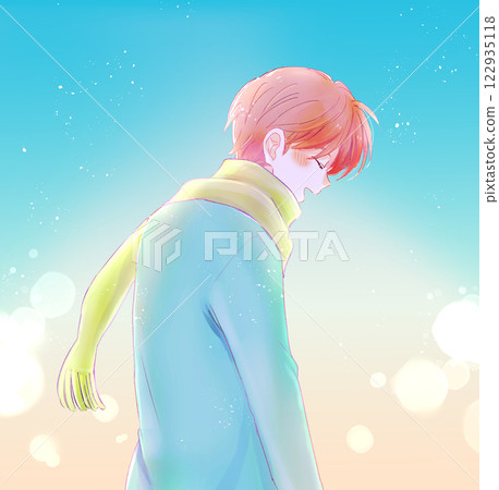 Smiling man in winter, sunrise 122935118