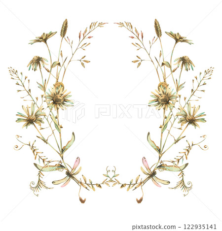 Field, meadow, wild flowers and herbs chamomile, meadow bluegrass and dragonfly. Watercolor illustration hand-drawn in beige, brown and ocher colors. Circle wreath frame isolated from background Field, meadow, wild flowers and herbs chamomile, meadow bluegrass and dragonfly. Watercolor illustration hand-drawn in beige, brown and ocher colors. Circle wreath frame isolated from background 122935141