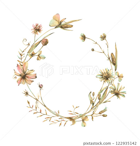 Field, meadow, wild flowers and herbs cosmos, chamomile and butterfly. Watercolor illustration hand drawn in beige, brown and ocher colors. Circle wreath frame isolated from background 122935142