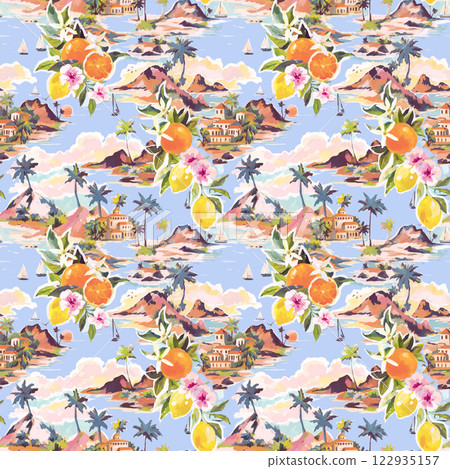 Beautiful vector tropical seamless pattern with hand drawn paradise islands with mountains and palm trees on beaches with ocean and clouds in sky. Ready tropical print design. 122935157