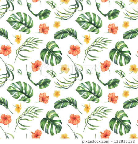 Tropical palm leaves, monstera and flowers of plumeria, hibiscus, bright juicy. Hand drawn watercolor botanical illustration. Seamless pattern on a white background 122935158