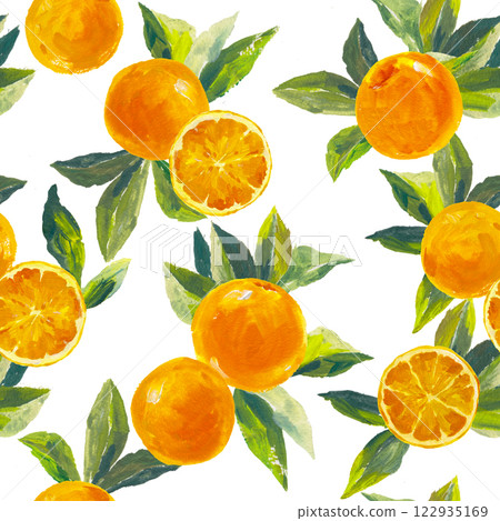 Beautiful seamless pattern with watercolor fresh oranges with leaves and flowers in sunny Mediterranean style. Ready summer print design for wallpapers, wrappings, textile. 122935169
