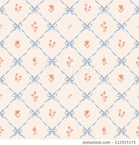Beautiful vector coquette seamless pattern with damask print bows and classical vintage bouquet. Floral elegance print design for fabric, wallpaper or wrapping paper. 122935173