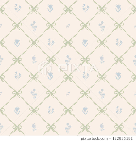 Beautiful vector coquette seamless pattern with damask print bows and classical vintage bouquet. Floral elegance print design for fabric, wallpaper or wrapping paper. 122935191