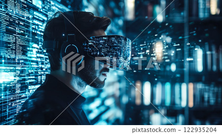 A man wears digital glasses and gazes at a holographic display. Futuristic technology and innovation. Generative AI. 122935204