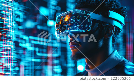 A man wears digital glasses and gazes at a holographic display. Futuristic technology and innovation. Generative AI. 122935205