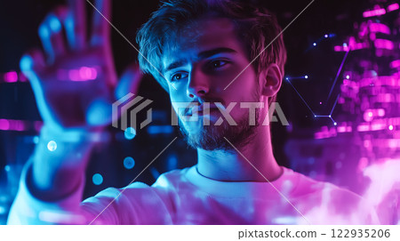 A man wears digital glasses and gazes at a holographic display. Futuristic technology and innovation. Generative AI. 122935206
