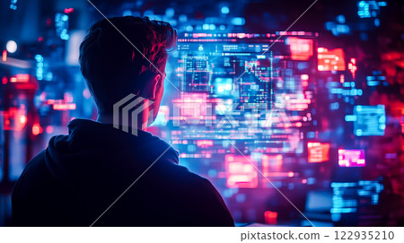A man wears digital glasses and gazes at a holographic display. Futuristic technology and innovation. Generative AI. 122935210