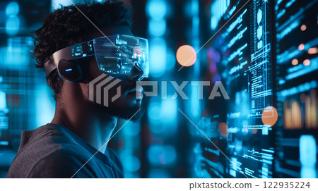 A man wears digital glasses and gazes at a holographic display. Futuristic technology and innovation. Generative AI. 122935224