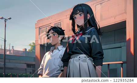 High school students standing in front of the school building High school students standing in front of the school building 122935284