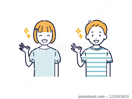 Illustration set of energetic boys and girls making OK signs 122935633