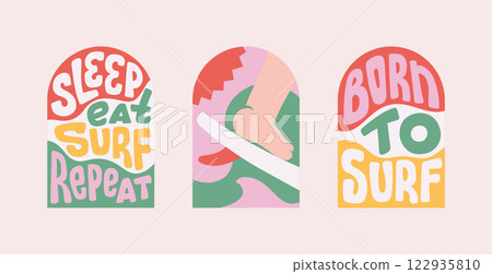 Surfing fun quotes. Groovy bright banner with text Born to surf, Sleep Eat Surf Repeat for textile, sticker, merch. 122935810