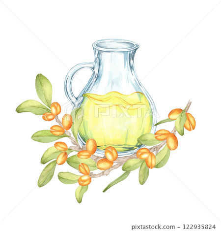 A watercolor clipart featuring a glass jar of yellow argan oil surrounded by orange fruits and green leaves. Perfect for wellness product branding, label designs, or advertisements. A watercolor clipart featuring a glass jar of yellow argan oil surrounded by orange fruits and green leaves. Perfect for wellness product branding, label designs, or advertisements. 122935824