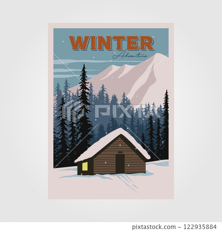cabin winter landscape vector poster illustration design, snowy background flat illustration design cabin winter landscape vector poster illustration design, snowy background flat illustration design 122935884