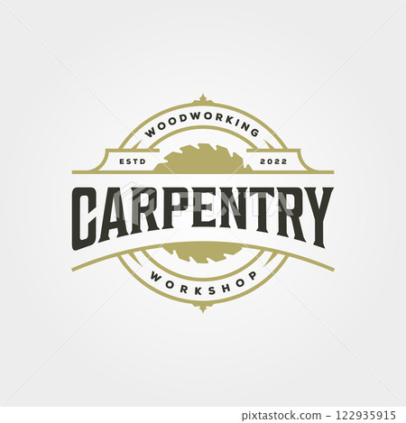 carpenter logo vintage vector illustration design, carpentry sawmill logo design carpenter logo vintage vector illustration design, carpentry sawmill logo design 122935915