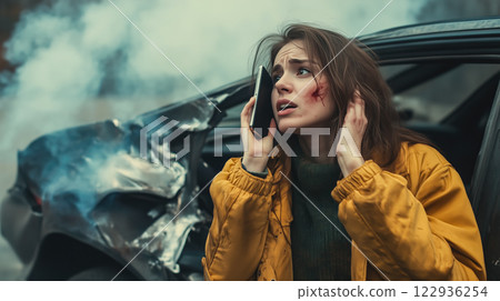 A woman uses a smartphone to call insurance after witnessing a car accident. The concept of emergency response, safety, and quick action in critical situations. Generative AI 122936254