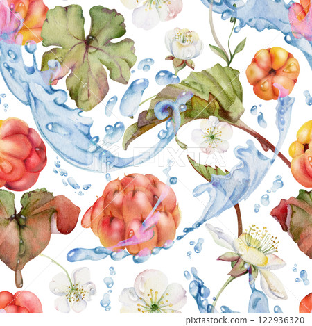 Cloudberry raspberry white flowers flying in water splashes waves drops, hand drawn in watercolor, ripe red forest berry and leaves. Seamless banner illustration for cafe menu, wedding, farmers market 122936320