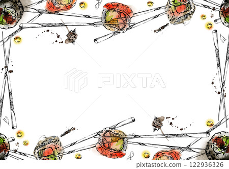 Japanese food sushi rolls on chopsticks with raw fish salmon unagi tuna shrimp, california philadelphia alaska, hand drawn in watercolor and ink. Border frame for restaurant, cafe menu, recipe book 122936326