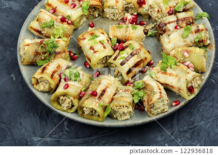 Delicacies eggplant rolls. Delicacies eggplant rolls. 122936818