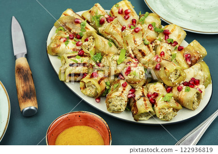 Eggplant rolls with minced meat. Eggplant rolls with minced meat. 122936819