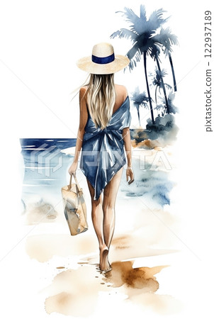 Watercolor woman in dress on vacation fashion illustration. Ai generated 122937189