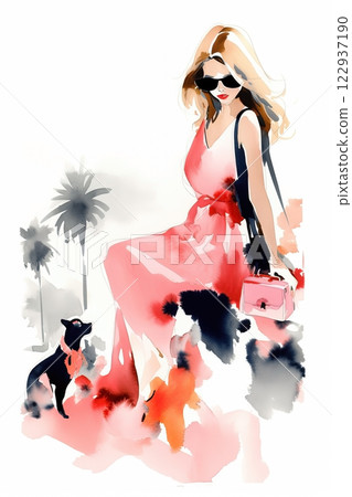 Watercolor woman in dress on vacation fashion illustration. Ai generated 122937190