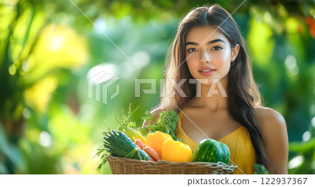 A woman holds fresh fruits and vegetables. The concept of healthy eating, nutrition, and a balanced lifestyle. Generative AI. 122937367