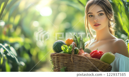 A woman holds fresh fruits and vegetables. The concept of healthy eating, nutrition, and a balanced lifestyle. Generative AI. 122937385
