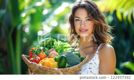 A woman holds fresh fruits and vegetables. The concept of healthy eating, nutrition, and a balanced lifestyle. Generative AI. 122937392