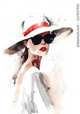 Watercolor woman with hat and sunglasses portrait fashion illustration. Ai generated 122937485