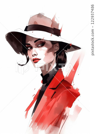 Watercolor woman with hat portrait fashion illustration on white background. Ai generated 122937486