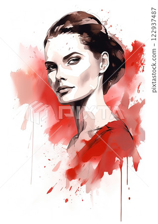 Watercolor woman portrait fashion illustration on white background. Ai generated 122937487