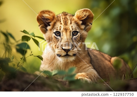 Lion cub in nature on summer forest background. Closeup animal portrait. Ai generated Lion cub in nature on summer forest background. Closeup animal portrait. Ai generated 122937750