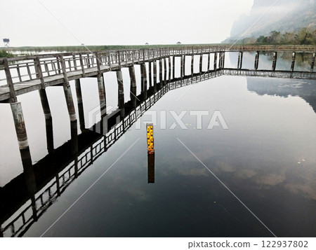 Water level or Staff gauge with wooden bridge  in the wetland with mountain in background at Khao Sam Roi Yot National Park, Thailand 122937802