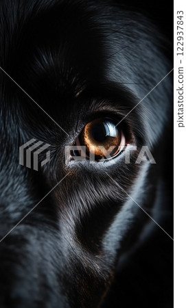 Closeup dog eye, portrait of animal on dark background. Ai generated 122937843