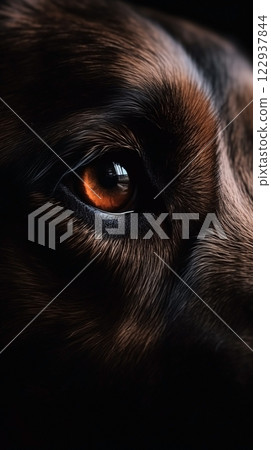 Closeup dog eye, portrait of animal on dark background. Ai generated 122937844
