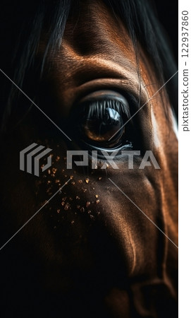 Closeup horse eye, portrait of animal on dark background. Ai generated 122937860