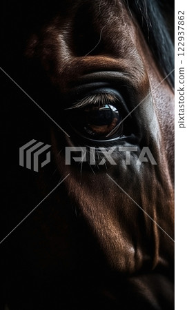 Closeup horse eye, portrait of animal on dark background. Ai generated 122937862