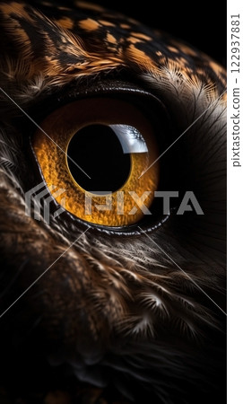 Closeup owl eye, portrait of animal on dark background. Ai generated 122937881