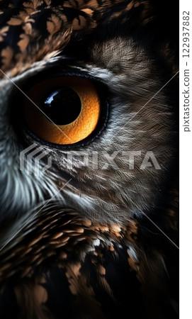 Closeup owl eye, portrait of animal on dark background. Ai generated 122937882