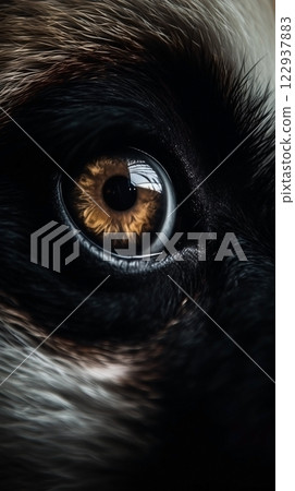 Closeup panda eye, portrait of animal on dark background. Ai generated 122937883