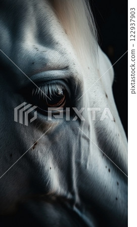 Closeup white horse eye, portrait of animal on dark background. Ai generated 122937903