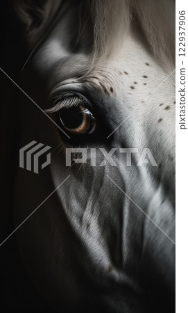 Closeup white horse eye, portrait of animal on dark background. Ai generated Closeup white horse eye, portrait of animal on dark background. Ai generated 122937906
