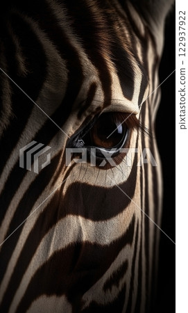 Closeup zebra eye, portrait of animal on dark background. Ai generated 122937922