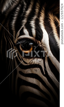 Closeup zebra eye, portrait of animal on dark background. Ai generated Closeup zebra eye, portrait of animal on dark background. Ai generated 122937924
