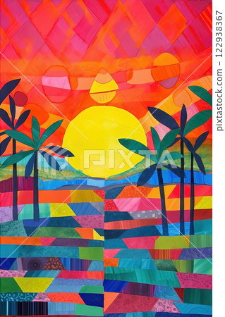Abstract art seaside landscape colorful background. Modern expressionism painting. Ai generated 122938367